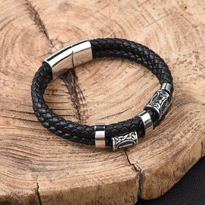 Pulsera de Cuero <span class=keywords><strong>para</strong></span> Hombre con Runas Vikingas de Acero Inoxidable, Pulsera de Cuero Genuino, Pulsera Punk Vikinga, Regalo <span class=keywords><strong>para</strong></span> Él - Product Image 2