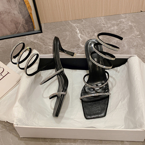 European 35-40 New Women's High Heel Snake <b>Wrap</b> Sandals Versatile Slim Ankle Strap for Summer in Stock with Rhinestone Stripes - Product Image 1