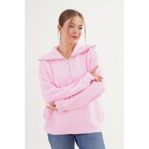 Pull en maille Thessaloniki rose à col zippé pour femme, manches longues, décontracté, anti-boulochage, 16 Gg, couleur corne - Product Image 4
