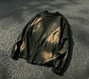 Camiseta de algodón de manga larga con efecto tie-dye para hombre, cuello redondo, estilo casual de punto, talla grande - Product Image 3