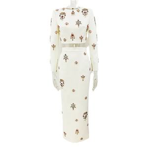 OUDINA ünlü moda artı boyutu XXXL boncuklu elmas kısa üst Midi uzun etek iki parçalı elmas setleri kadınlar 2 parça etek seti - Product Image 1