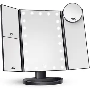 Cermin rias dengan lampu pembesaran kontrol sentuh, cermin rias LED portabel lipat tiga