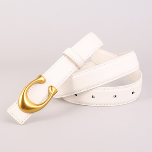 Cinturón <span class=keywords><strong>de</strong></span> <span class=keywords><strong>Cuero</strong></span> Genuino <span class=keywords><strong>para</strong></span> <span class=keywords><strong>Mujer</strong></span> con Hebilla Dorada en Forma <span class=keywords><strong>de</strong></span> C, Cinturón <span class=keywords><strong>de</strong></span> Color Sólido - Product Image 4
