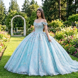 Vestido de Quinceañera Azul Claro con Lentejuelas y Tul, Estilo Princesa, Corsé Transparente con Cuentas, para Fiesta de 15 Años, Estilo Vintage - Product Image 1