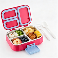 Boîte à bento pour enfants à 3 compartiments en acier inoxydable 304, étanche, avec couverts, pour l'école, le bureau, le camping et les pique-niques, préparation de repas, salade