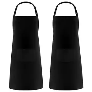 Celemek dapur dapat dicuci dengan Logo kustom 2 kantung celemek hitam koki restoran Bbq tahan air bekerja celemek poliester hitam