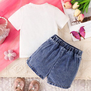 Conjunto de Ropa de Verano para Niñas, Camiseta Informal de Manga Corta con Estampado de Lazo y Pantalones Cortos de Mezclilla, 2 Piezas, <span class=keywords><strong>Boutique</strong></span> Infantil, Tallas 3T 4T Mixtas - Product Image 5