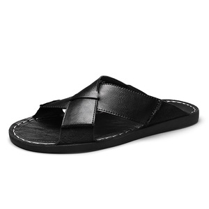 Black Genuine Leather Cross Strap <b>Slippers</b> With EVA Sole Anti-Slip Summer Indoor Men's Flip-Flops - Product Image 1