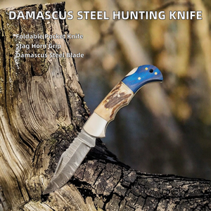 Couteau de chasse pliant personnalisé en acier Damas, à ouverture coulissante, manche en corne de cerf, lame pointue, qualité industrielle, OEM en gros - Product Image 2