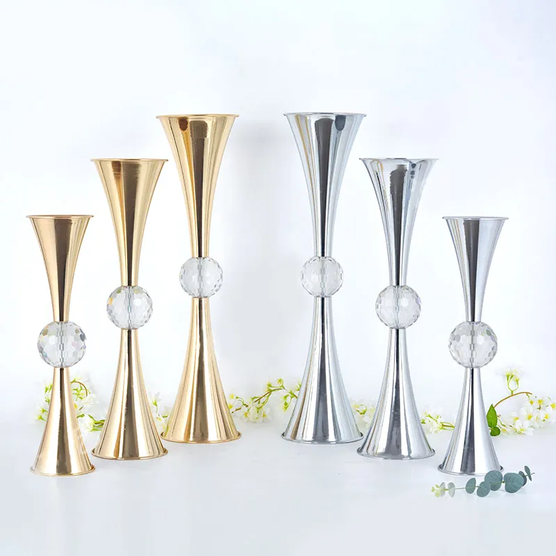 Высокие металлические украшения для свадебного торжества, цветочные вазы, акриловый хрустальный шар, подставки для цветов, свадебные золотые вазы для декора стола