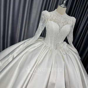 Lscm103 Elegant Satin Ball Gown <b>Wedding</b> Dress Lace Bodice Pearl Button Long Sleeve Puffy Shoulder Bridal Gown Jancember - Product Image 3
