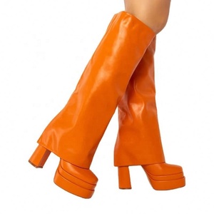 Winter Orange Red Hot Pink Leather Knee High Boots for Women Platform Square Heel Fold Over <b>Height</b> <b>Increasing</b> High Heeled <b>Shoes</b> - Product Image 6