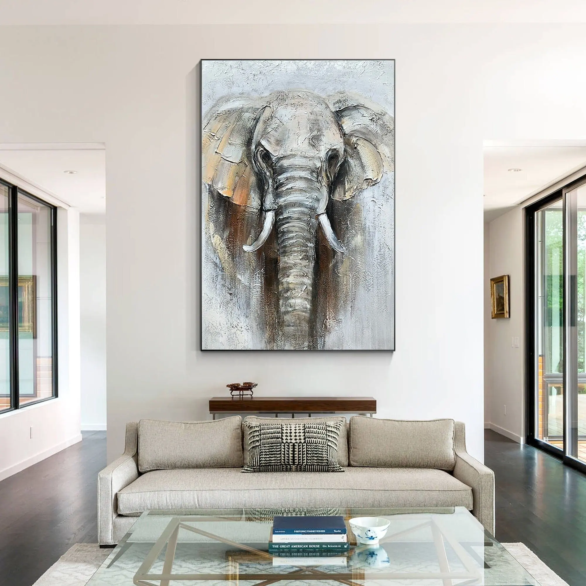 Pintura al óleo de elefante grande, potente y seguro sobre lienzo, paisaje pintado a mano, arte de pared para decoración del hogar, listo para colgar