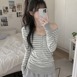 Camiseta coreana de manga larga con botones y un hombro descubierto, estilo dulce y picante, para mujer, corte ajustado, informal, básica, estilo coreano - Product Image 2