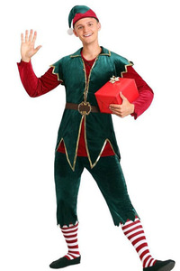 Ensemble de costume d'<span class=keywords><strong>elfe</strong></span> de Noël pour adulte, tunique verte et rouge, chapeau, ceinture, bordure dorée, <span class=keywords><strong>tenue</strong></span> de fête de Noël, cosplay - Product Image 3