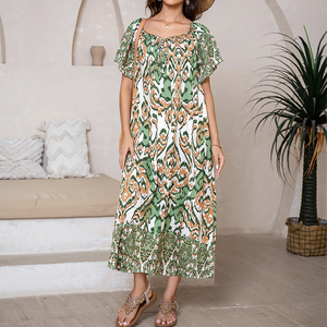 Vestido de vacaciones estampado para mujer, mangas cortas, cuello cuadrado o hombros descubiertos, falda plisada holgada de dos formas, ropa de playa y orilla del mar - Product Image 1