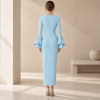 Robe de soirée bleue pour femme, col en V, taille froncée, manches cloche perlées, tenue de cérémonie formelle, fournisseur OEM