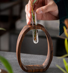 Support de vase en <span class=keywords><strong>bois</strong></span> créatif avec tube en verre ou en acrylique, pot hydroponique pour arrangement floral de bureau, décoration rustique pour la maison - Product Image 4