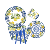 Assiettes en papier jetables modernes de marque LR, motif bleu, blanc et citron, imprimées UV, pour fêtes – Écologiques, haute qualité, livraison rapide
