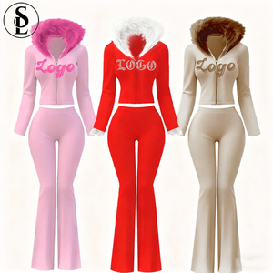 2026 Valentine's Day Women Set Hooded Fur Collar Jacket 2 Piece Sets Y2K Fall Winter Outfits Zip Hoodie and Flare Pants Sets - Product Image 1
