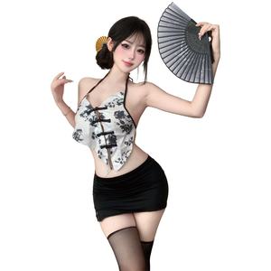 Ensemble Doudou style chinois à imprimé encre, en tulle transparent, lingerie érotique sexy, jupe enveloppante, costume - Product Image 5