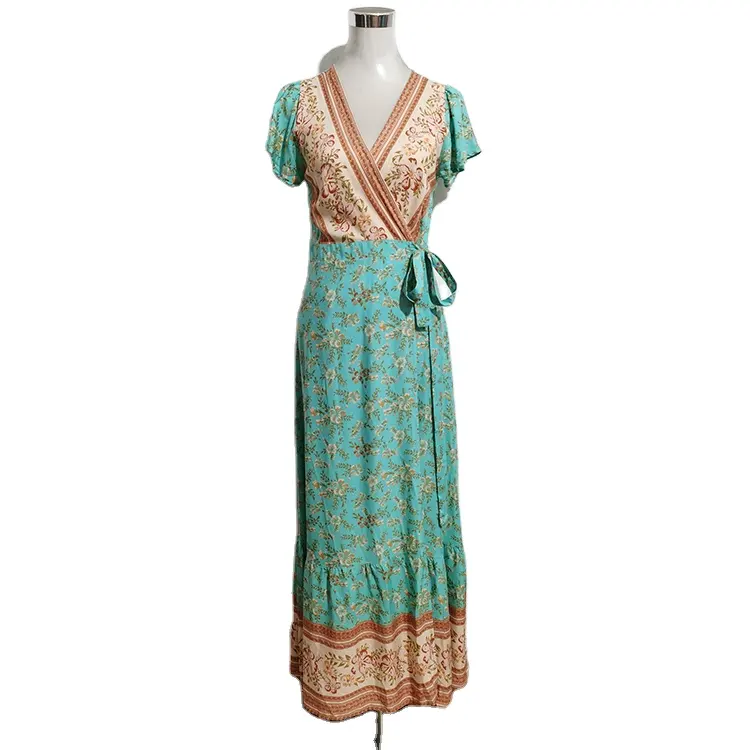 Bohemian Ethnic Style Summer Women's Cardigan Lace Wrap Dress Waist One Piece Cotton Silk Short-Sleeved Dress