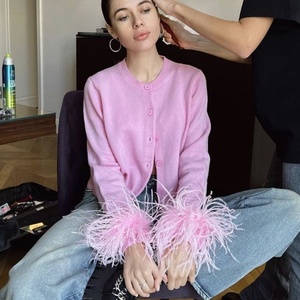 Nuovo Cardigan Lavorato a <span class=keywords><strong>Maglia</strong></span> a Maniche Lunghe in Tinta Unita per Donna con <span class=keywords><strong>Piume</strong></span> - Product Image 1