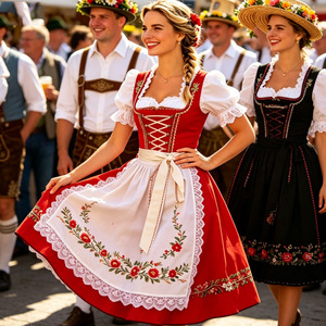 Beierse Oktoberfest rode traditionele <span class=keywords><strong>Dirndl</strong></span> jurk voor dames met bloemenborduurwerk kant elegante avondjurk OEM ODM - Product Image 4