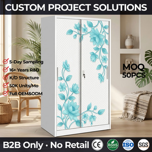 Armoire métallique moderne à 2 portes avec imprimé floral bleu, structure démontable, meuble de chambre à coucher avec portes coulissantes et rangement - Product Image 1