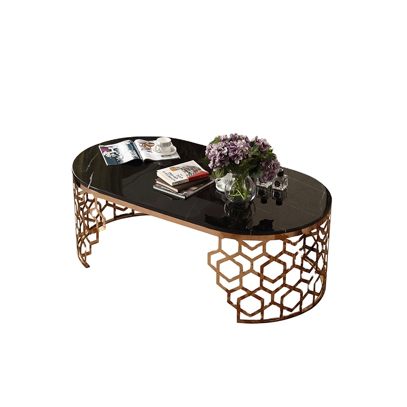 Популярный стиль из нержавеющей стали золотой мрамор овальной формы центральный журнальный столик с боковым столиком