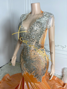 Robe de soirée longue chic vintage en strass MF Couture Sier, robe de bal orange élégante pour femmes, robe de soirée maxi élégante 2024 - Product Image 6