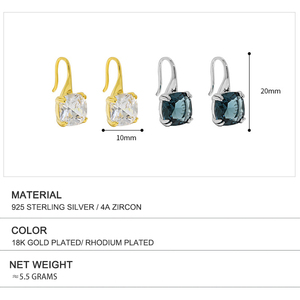 Orecchini a Gancio Francese in Argento Sterling 925, Design 2026, Gioielli di Moda per Donna, Delicati Zirconi Bianchi e Blu Quadrati - Product Image 3