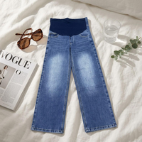 Jean en denim de maternité taille haute, coupe droite ample, décontracté, d'été, très extensible, respirant, délavé clair, avec soutien abdominal et tissage simple