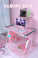 Bureau de jeu pour ordinateur en fibre de carbone rose métallique avec éclairage LED RVB, design en forme de T, extensible T1-C pour la maison et le bureau