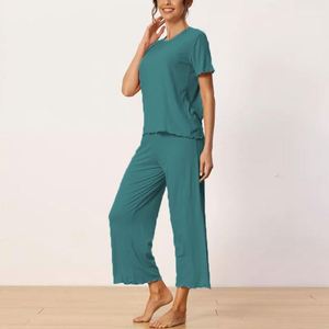 Ensemble de vêtements d'intérieur pour femme, T-shirt et pantalon, été, léger, manches courtes, pantalon long taille haute, pantalon ample à jambes larges, ensemble pyjama amincissant - Product Image 4