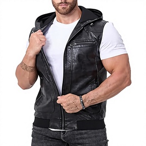 Men's <b>Black</b> Faux Leather Moto <b>Vest</b> Hooded Zipper Closure Solid Color Windproof Outerwear Regular Fit Autumn Style - Product Image 1