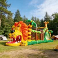 Wahana Permainan Inflatable PVC Ramah Lingkungan Bertema Safari Hutan, Rintangan Berbentuk Singa Jerapah, Peralatan Petualangan Kebun Binatang Anak-Anak, Kelas Komersial