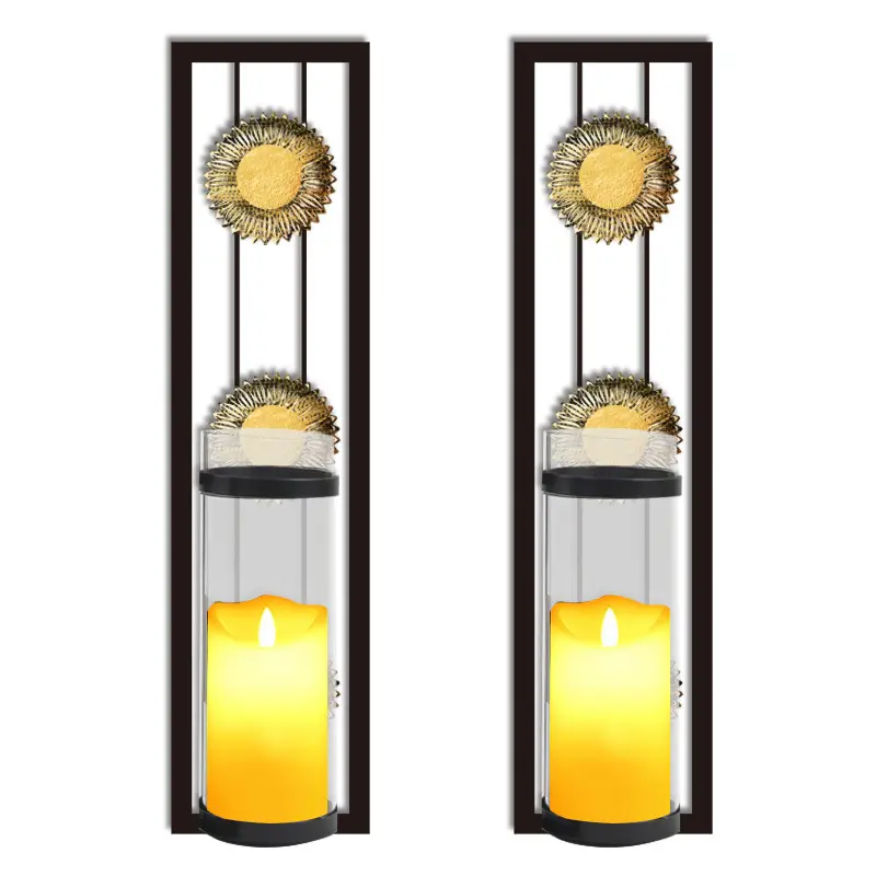 Wall Sconce Candle Holder Set of 2 with Glass Inserts Bathroom Bedroom Dining Room Office Black Metal Wall Decorations