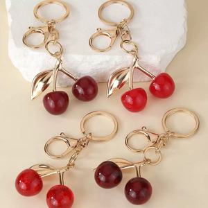 <b>Cute</b> Cherry Shape Keychain With Gold Plated Metal And Red Plastic Fruit Design For Women And Girls Accessory - Product Image 1