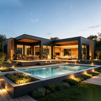 Maison préfabriquée moderne à deux étages, maison modulaire de luxe, structure noire, mur en verre, terrasse en bois, villa dans la cour