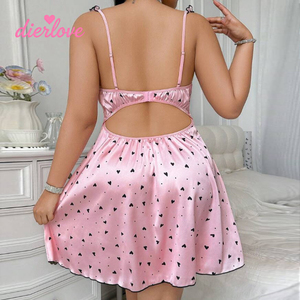 Dierlove – Pyjama d'été en satin respirant pour femme, grande taille, imprimé cœurs roses, avec nuisette contrastante à décolleté plongeant, robe sexy en gros - Product Image 4
