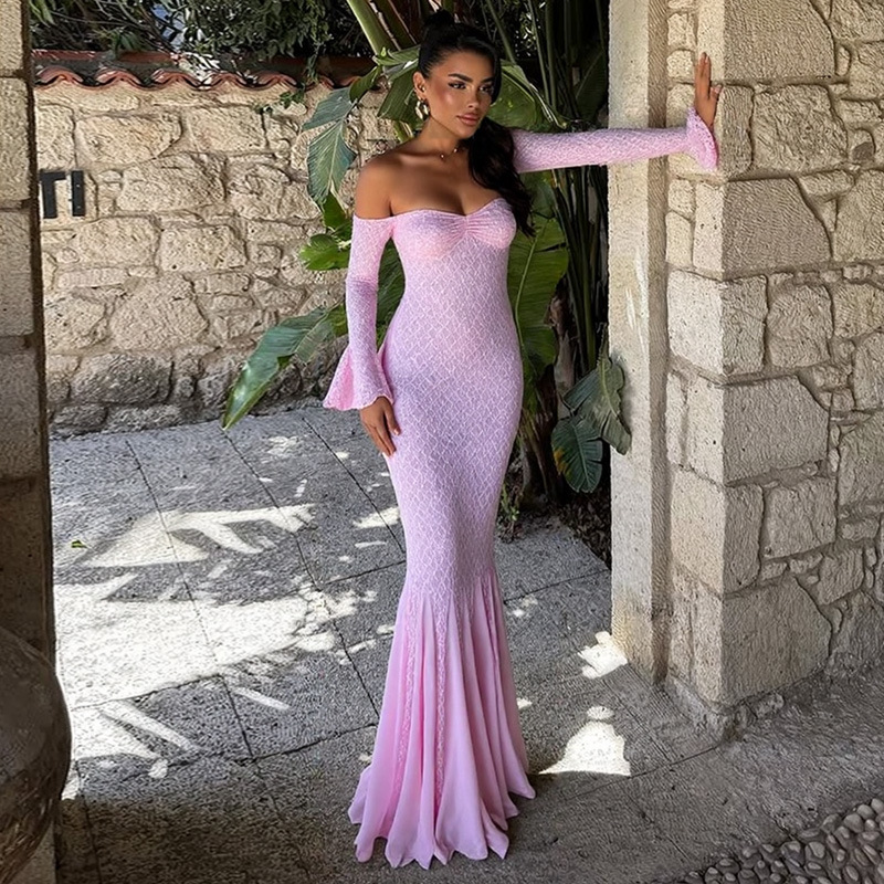 Pink Evening Dress - Fishtail Floor-Length Elegant Style