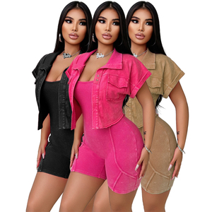 Venta al por mayor IHOOV Casual <span class=keywords><strong>mono</strong></span> sin mangas <span class=keywords><strong>con</strong></span> <span class=keywords><strong>chaqueta</strong></span> <span class=keywords><strong>de</strong></span> manga corta Vintage lavado chándal conjunto - Product Image 1