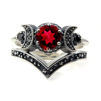 Hécate Triple Lune Anneau Ensemble Améthyste Ou Cristal Rouge Bague De Mariage Unique Lune Déesse Anneaux Pour Femmes Gothique Cadeau