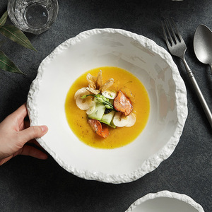 White Ceramic Restaurant Bowls Stone Pattern Porcelain for Pasta Salad Soup Dessert Irregular Shape for Noodles - Product Image 4