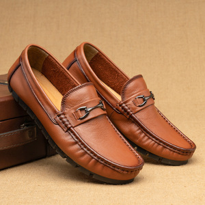 Mocassins en cuir véritable à bout carré, respirants, semelle en caoutchouc, chaussures décontractées d'été pour hommes - Product Image 1