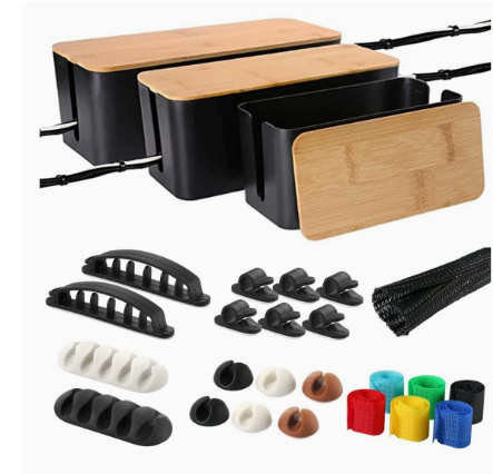 Bamboo Desktop Cable Management Box Charging Station Docking Wire Organizer with Magnetic Closure Cable Ties and Clips