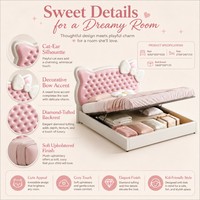 Lit rose pour enfants avec rangement à ouverture latérale et tête de lit rembourrée pour chambre à coucher