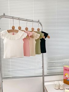 ฤดูร้อนเด็กทารกใหม่บินแขนเสื้อตุ๊กตาคอบัวสีทึบRibbedบางเสื้อยืดเด็ก - Product Image 4