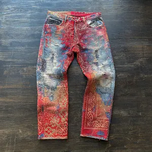 DiZNEW printed jeans for mens American loose straight tube embroidered printed jeans European style high street jeans